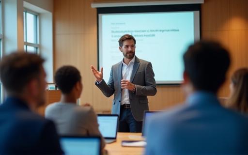 A person giving a presentation to a small, engaged group, symbolizing training and leadership development.